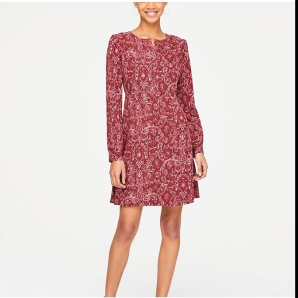 LOFT Outlet Burgundy Paisley Long Sleeve Shirt Dress Size 4